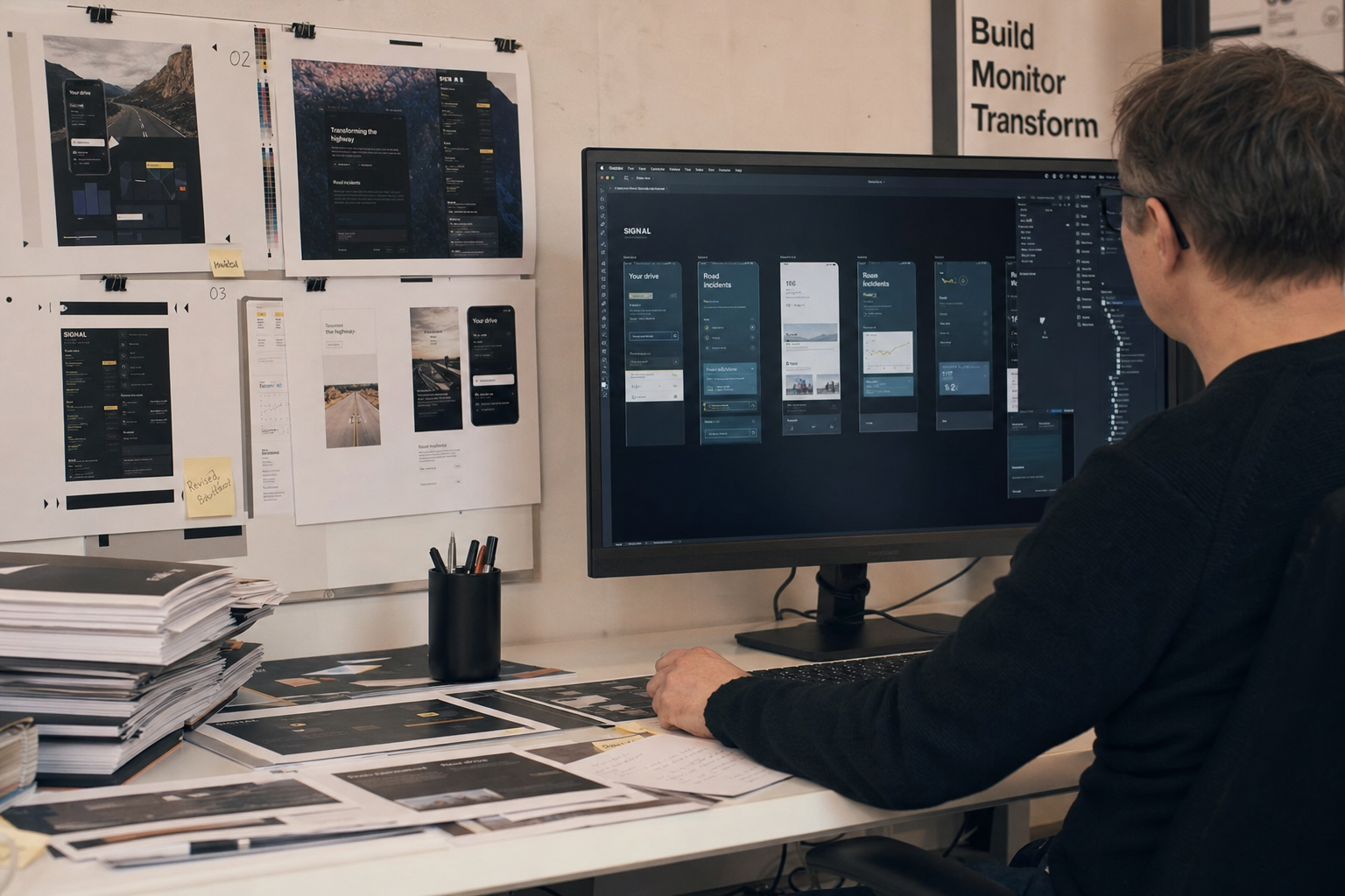 AURALOGICAL software development studio with proof sheets and application screens on editorial desk