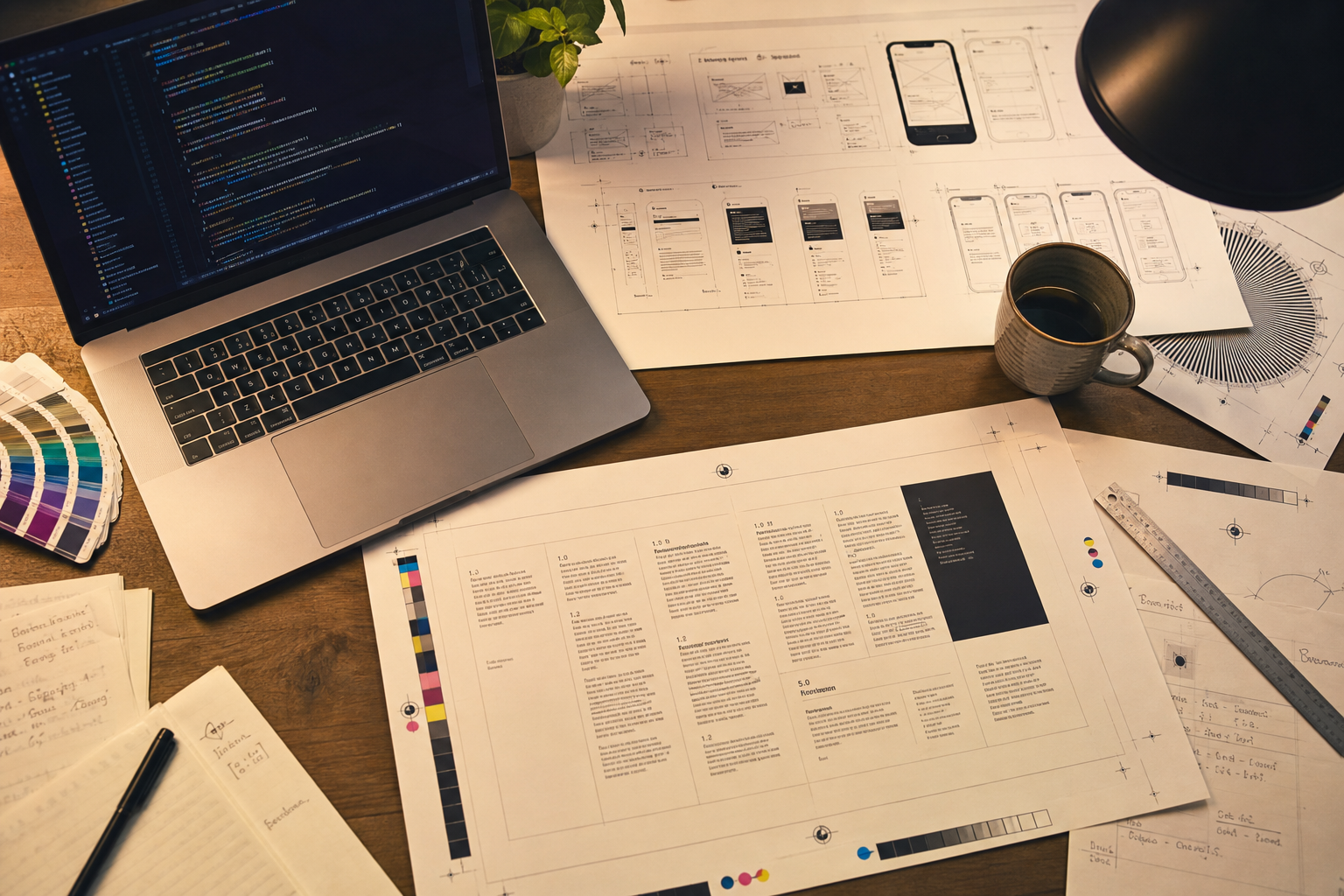 Software proofing desk with wireframes, code editor and registration marks on proof sheets