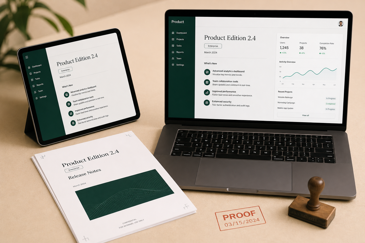 Enterprise web application edition displayed on laptop with printed release documentation