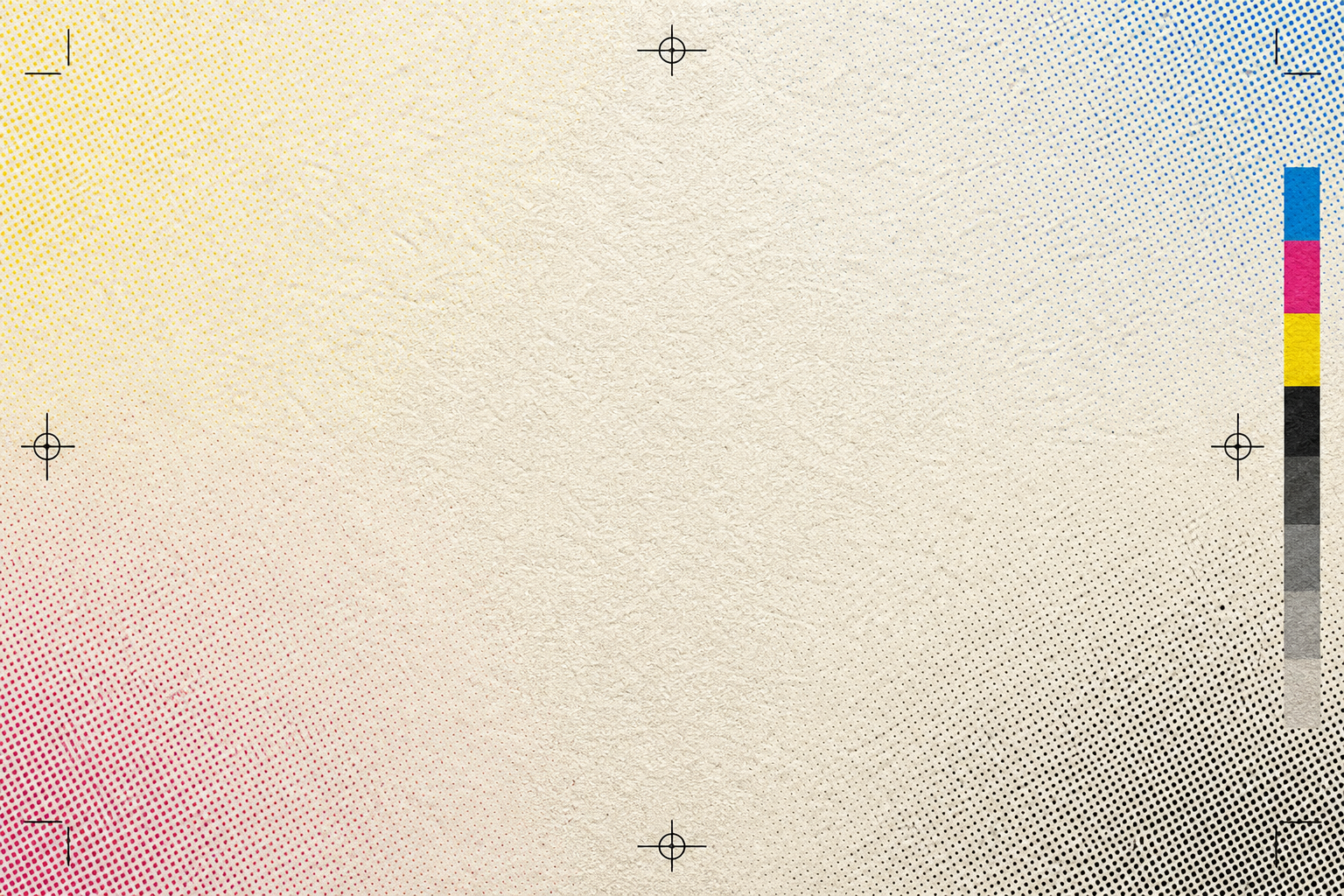 Close-up of halftone dot pattern with crop marks and CMYK calibration strip on proof paper