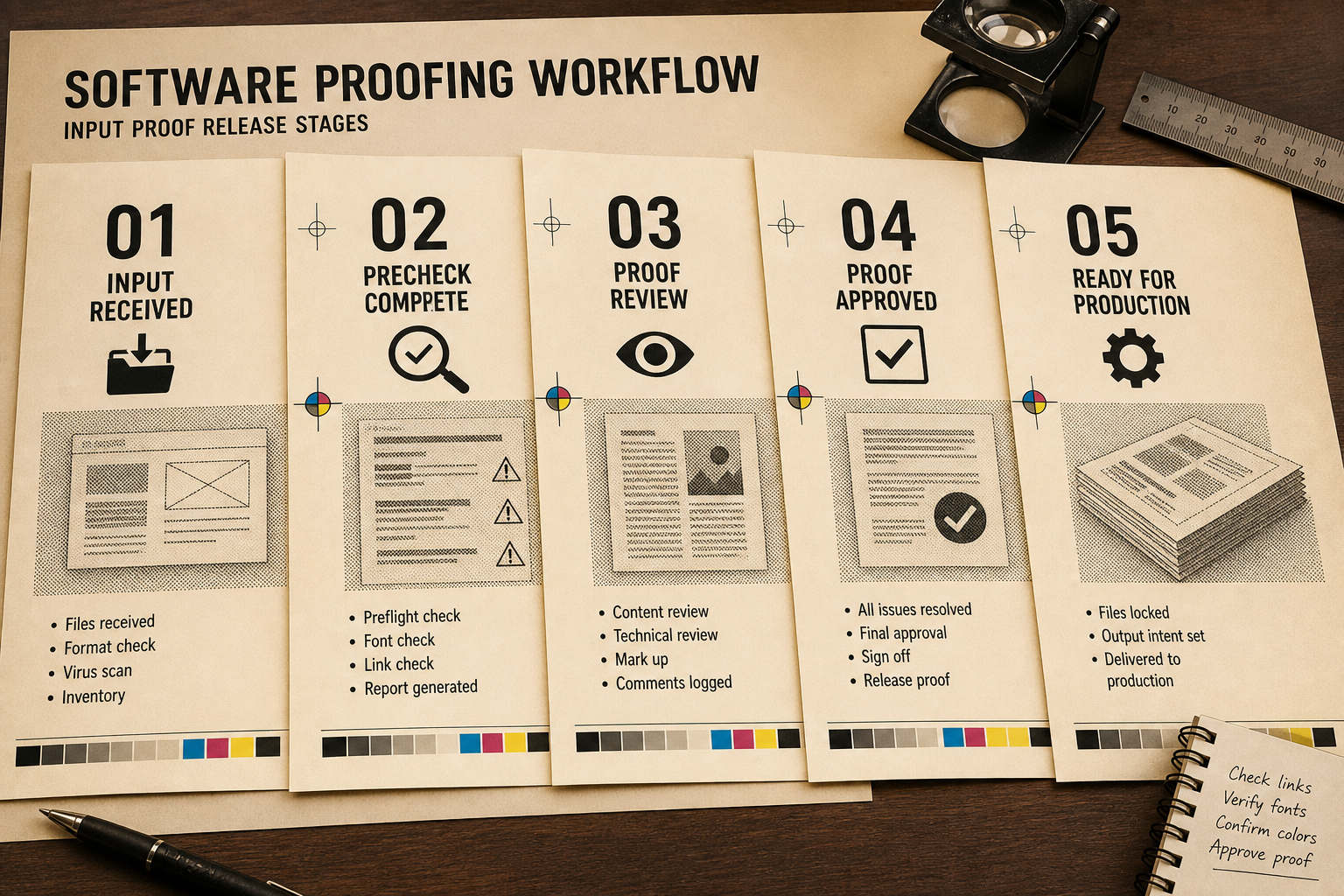 Software proofing workflow sequence with input, proof and release stages on editorial desk