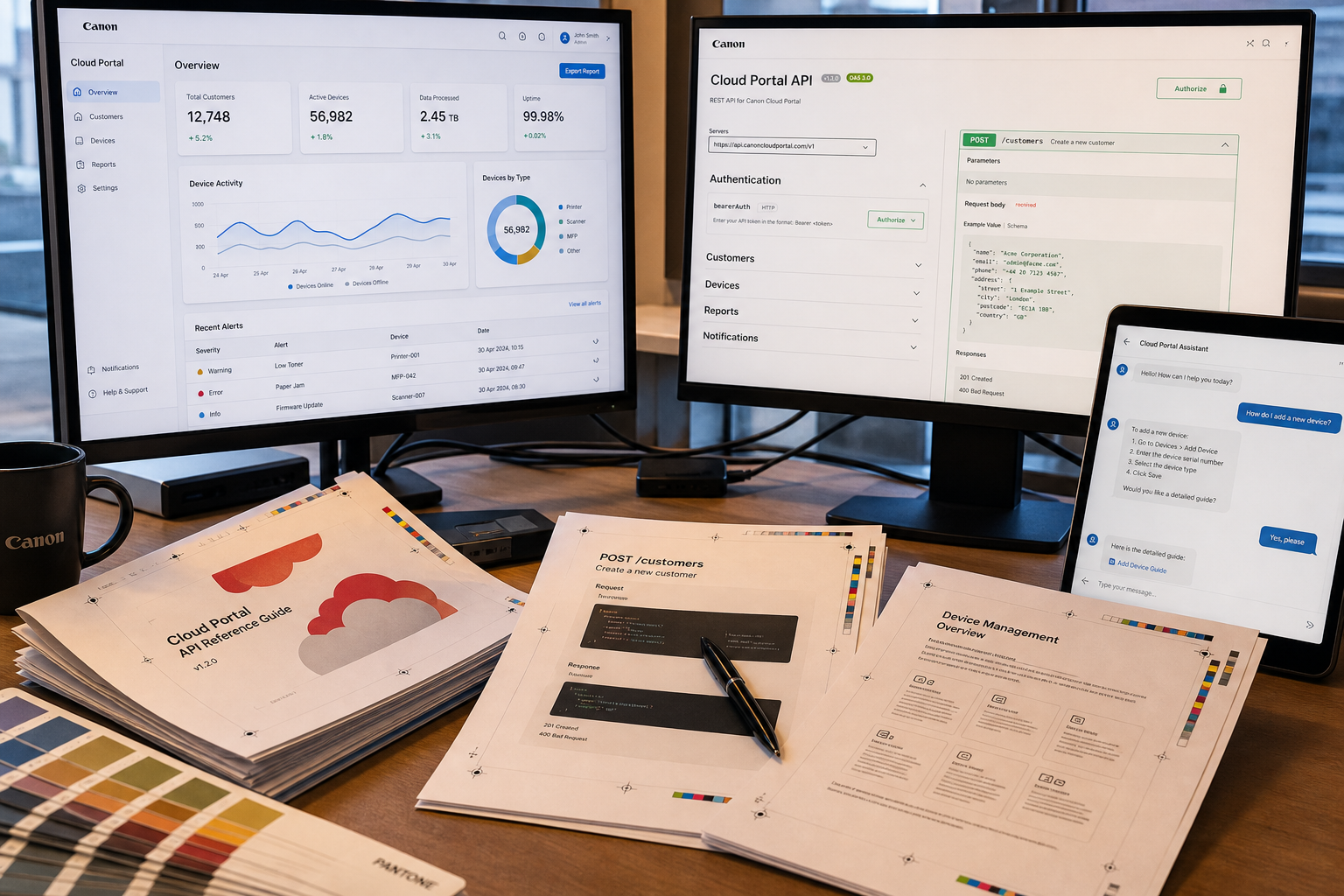 Software production workspace with cloud platform dashboards and proof sheets